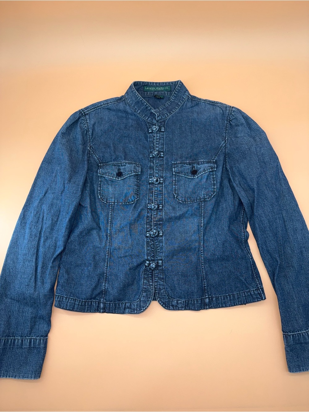 Ralph Lauren Blue Denim Jacket Chambray Utility Military Mandarin Collar Knots